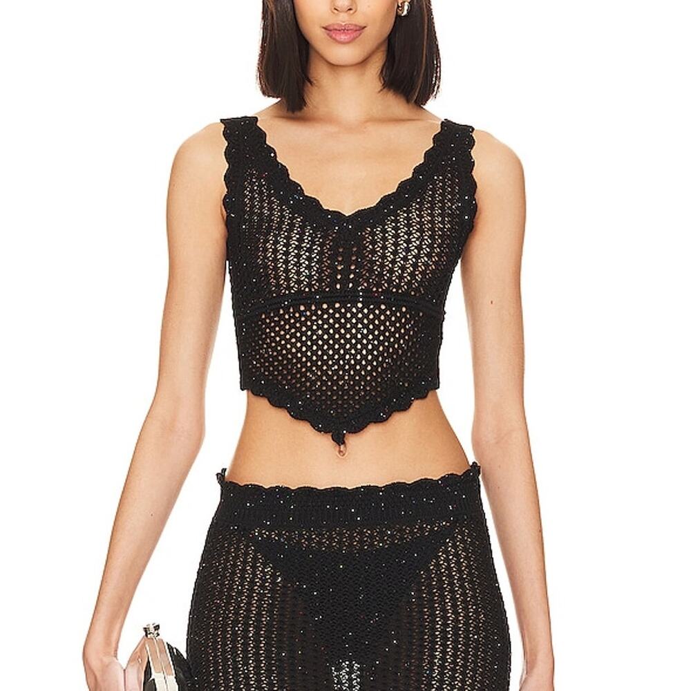 Lovers And Friends Shimmery Black Renata Knit Crop Top Size XS